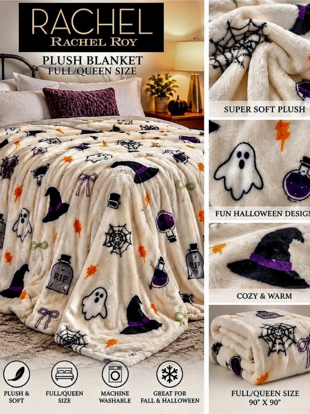 Rachel Roy Halloween Flannel Plush Blanket Halloween Plush Blanket Full/Queen